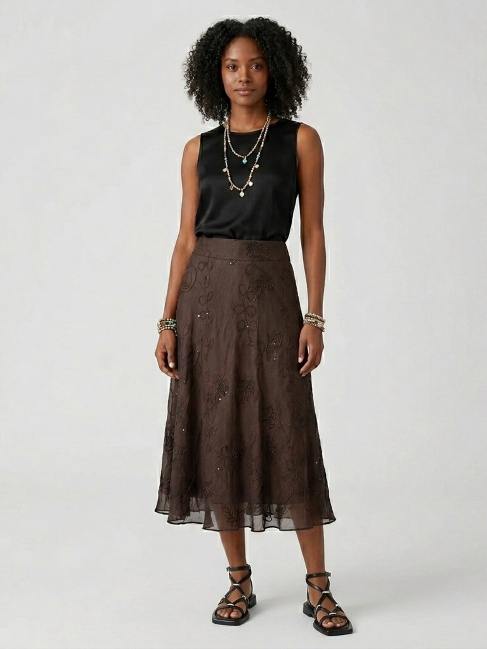 Anne Klein NEW Y2K 100% Silk Sheer Embroidered Sequin Midi Skirt Brown 4 Boho - Picture 12 of 16
